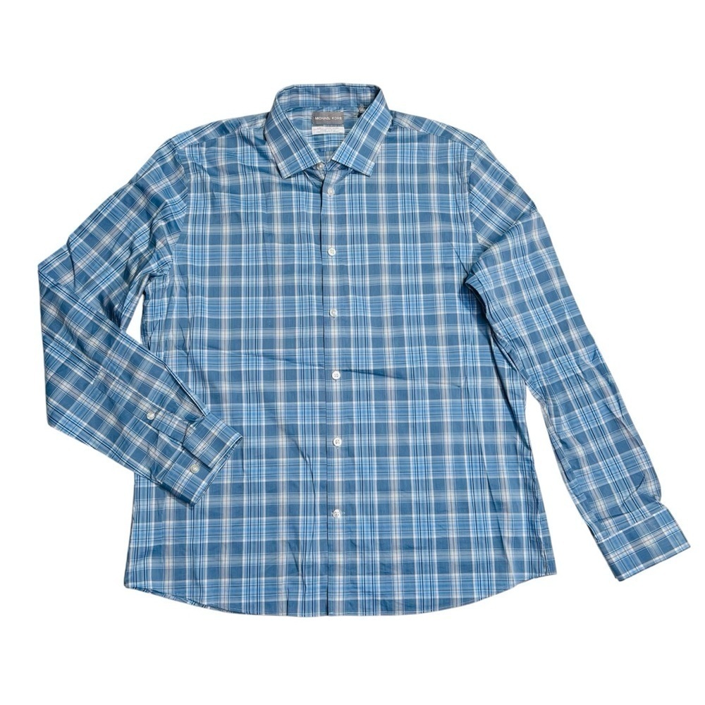Michael Kors‎ Blue and White Plaid Casual Slim Fit Button Down Shirt